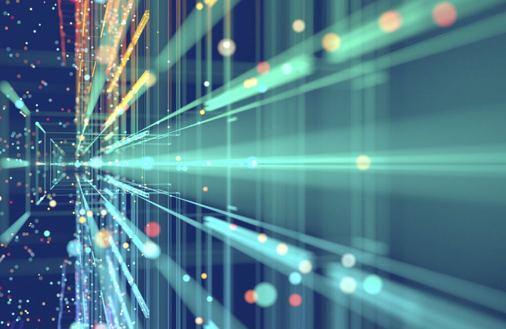 Abstract colorful grid surrounded by glowing particles