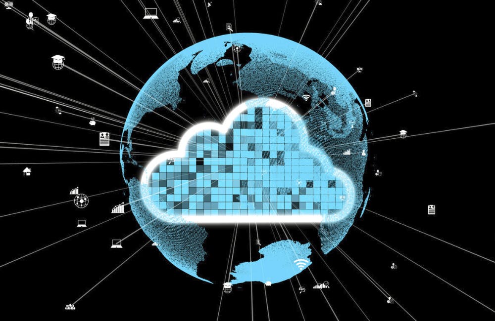Cloud computing and data storage technology for future innovation . Computer connects to internet server service for cloud data transfer presented in 3D rendering futuristic graphic interface.