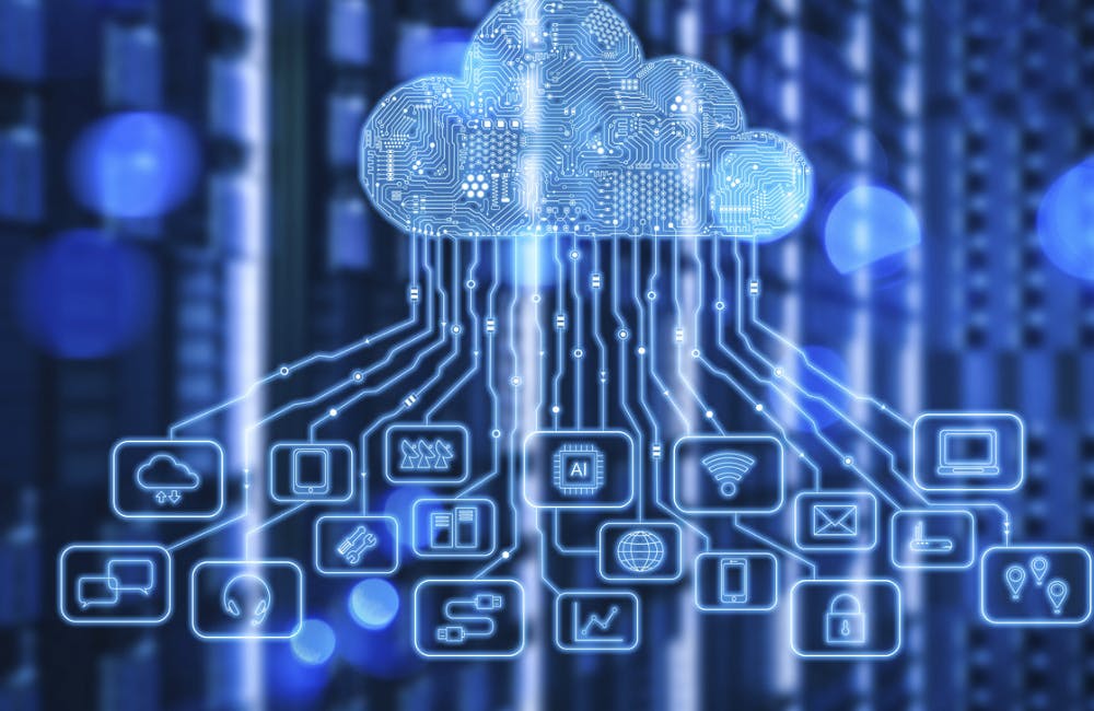 Cloud computing technology with 3d rendering server room and graphic display