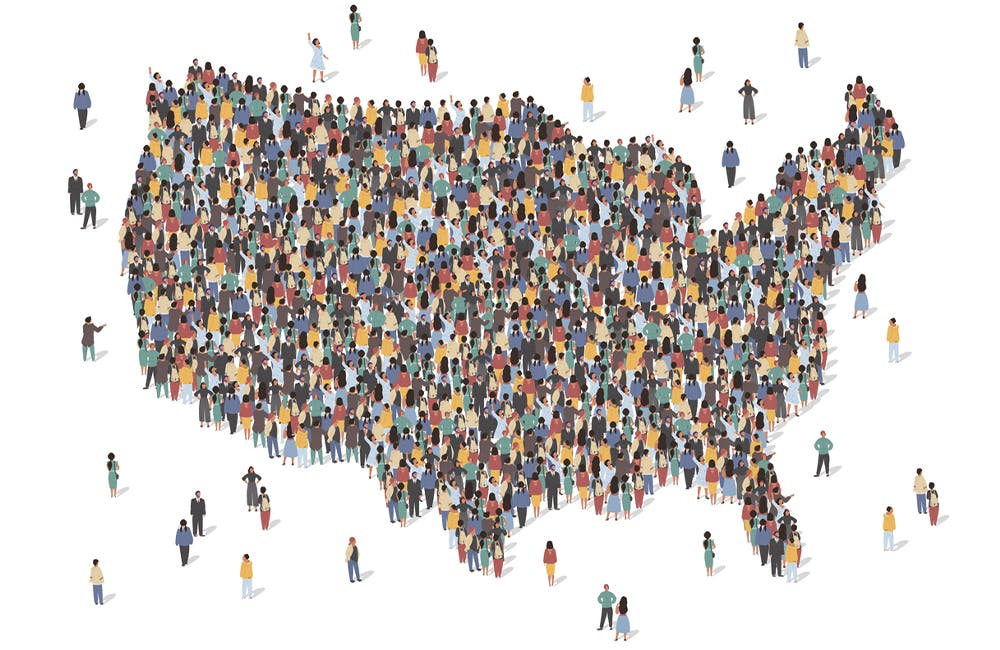 USA map made of many people, large crowd shape. Group of people stay in us country map formation. Immigration, election, multicultural diversity population concept. Vector isometric illustration.