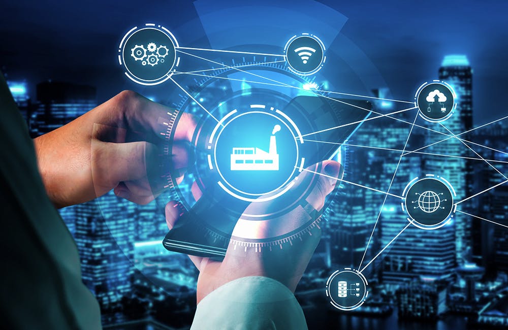 cybersecurity conceptual image showing Smart factory for fourth industrial revolution with icon graphic showing automation system by using robots and automated machinery controlled via internet network