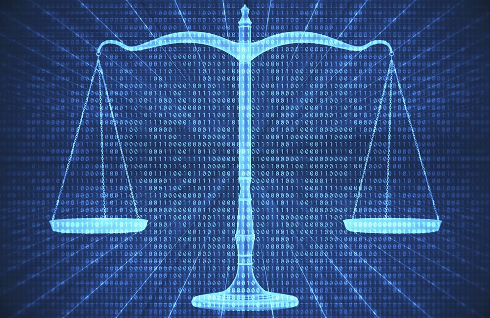 Abstract digital composite of scales of justice and binary codes.