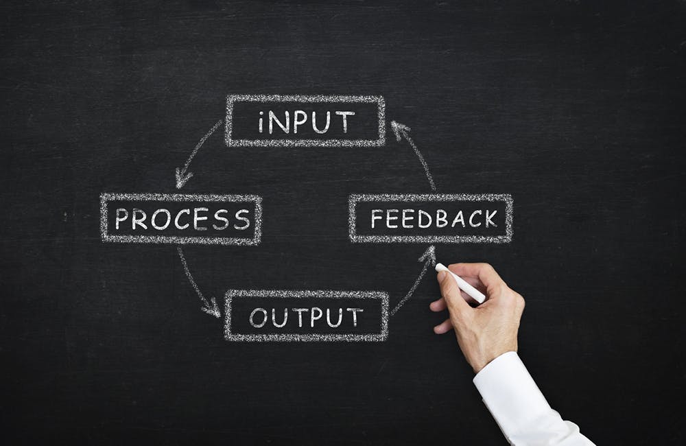 chalk writing Input Process Output Feedback diagram concept with chalk on the blackboard