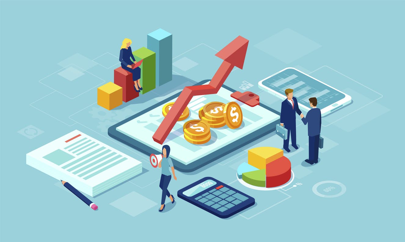 Vector of data analysis concept with team of businesspeople growing successful business using modern technology gadgets