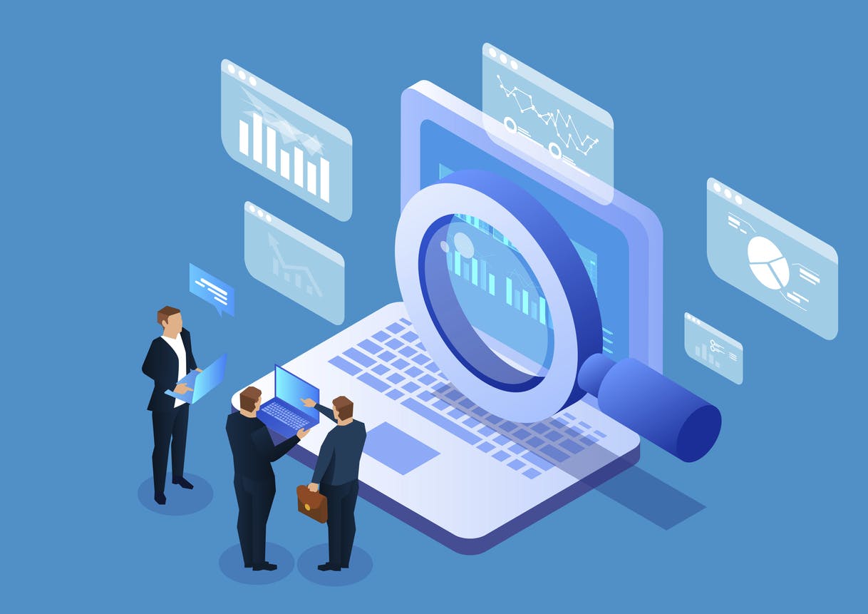Internet network search technology, business people use magnifying glass to search on laptops