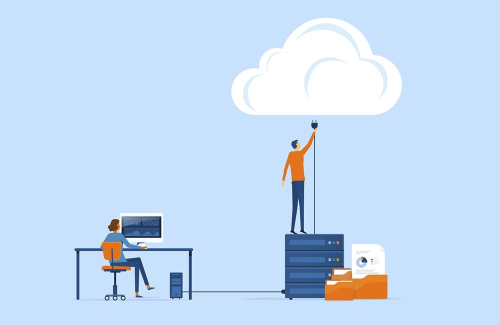 flat vector business technology storage and cloud connect concept with administrator and developer team working