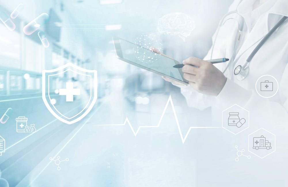 Medicine doctor write electronic medical record on tablet. DNA. Digital healthcare and network connection on hologram modern virtual screen interface, medical insurance, technology and network.