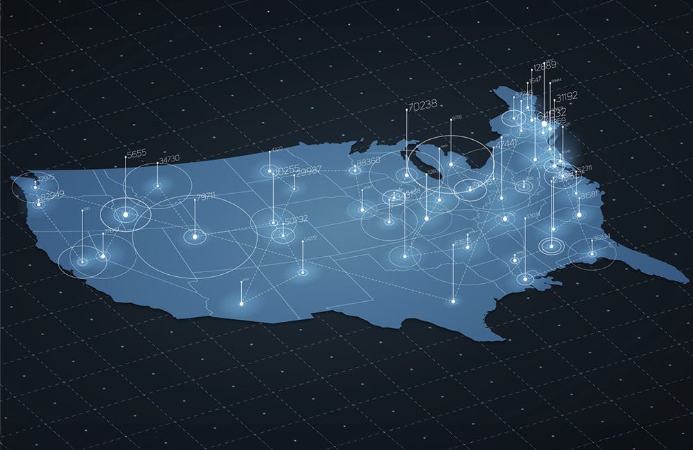 USA map big data visualization. Futuristic map infographic. Information aesthetics. Visual data complexity. Complex USA data graphic visualization. Abstract data on map graph.