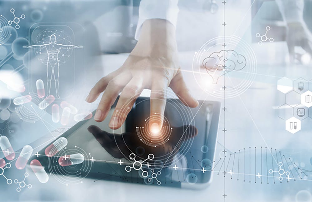 Medicine doctor analysis electronic medical record on interface display. DNA. Digital healthcare and network connection on hologram modern virtual screen, innovative, medical technology and network concept.