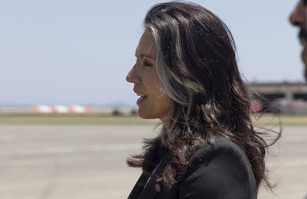 Director of National Intelligence Tulsi Gabbard speaks with Marines at Marine Corps Air Station Iwakuni, Japan, June 4, 2025.