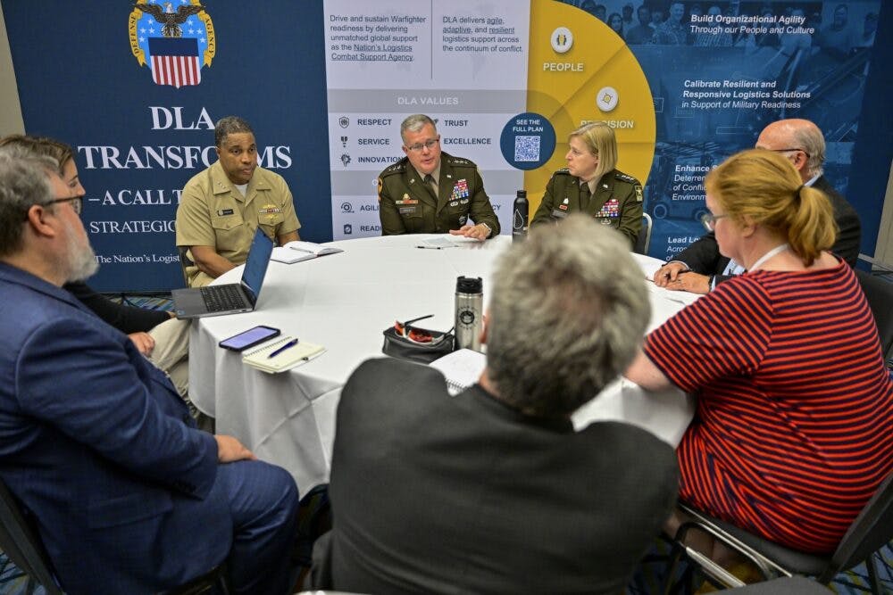 Vice Adm. Dion English director for Logistics, J-4, Joint Staff, Lt. Gen. Mark Simerly, DLA director and Lt. Gen. Heidi Hoyle, deputy chief of staff, G-4, U.S. Army, speak to reporters during the 2025 Defense Logistics Agency Supply Chain Alliance Symposium and Exhibition June 11, 2025, at the Greater Richmond Convention Center in Richmond, Virginia.