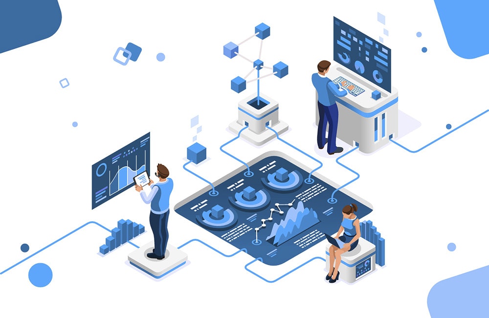 Color analyzing, creative statistics for success on calendar chart. Man near graphs, solution for collection on database. Display of strategy, visualization on desktop. Flat style vector illustration