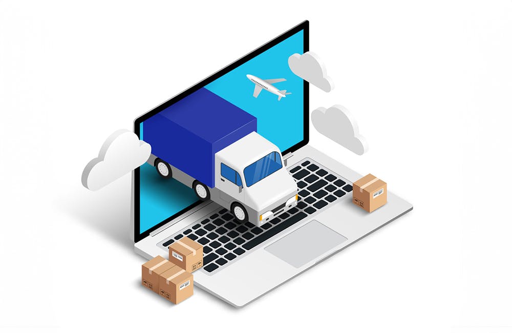 Shipping service online isometric concept with laptop, truck, plane, boxes isolated on white background. Logistic digital shopping advert 3d design. Vector illustration for web, banner, ui, mobile app