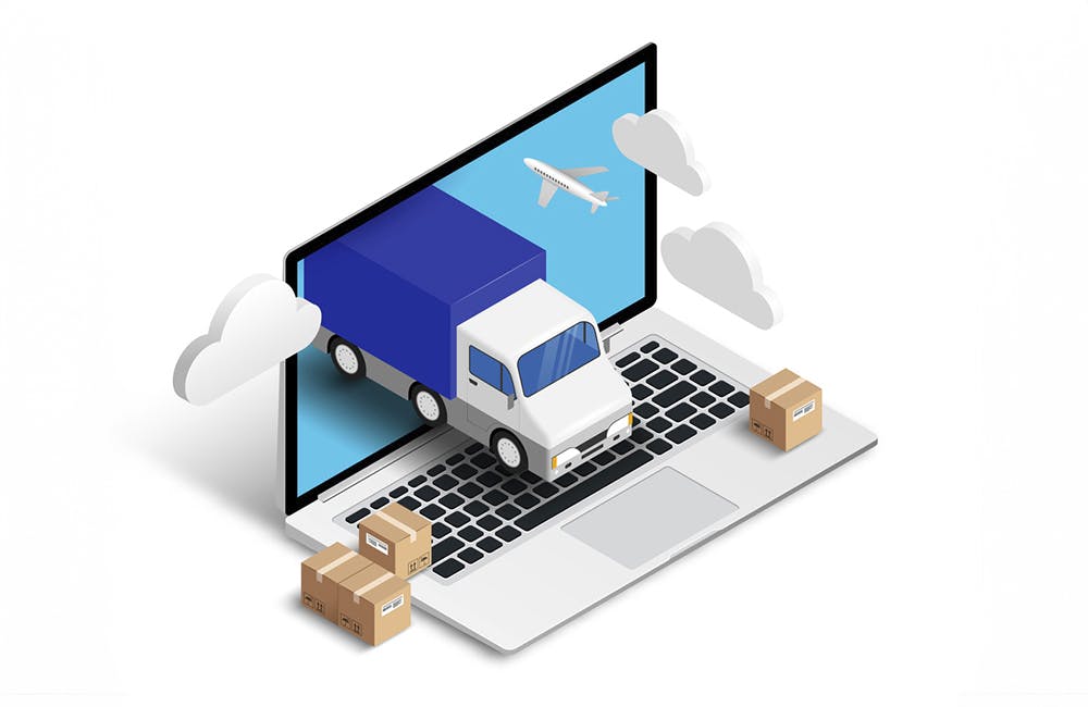 Shipping service online isometric concept with laptop, truck, plane, boxes isolated on white background. Logistic digital shopping advert 3d design. Vector illustration for web, banner, ui, mobile app