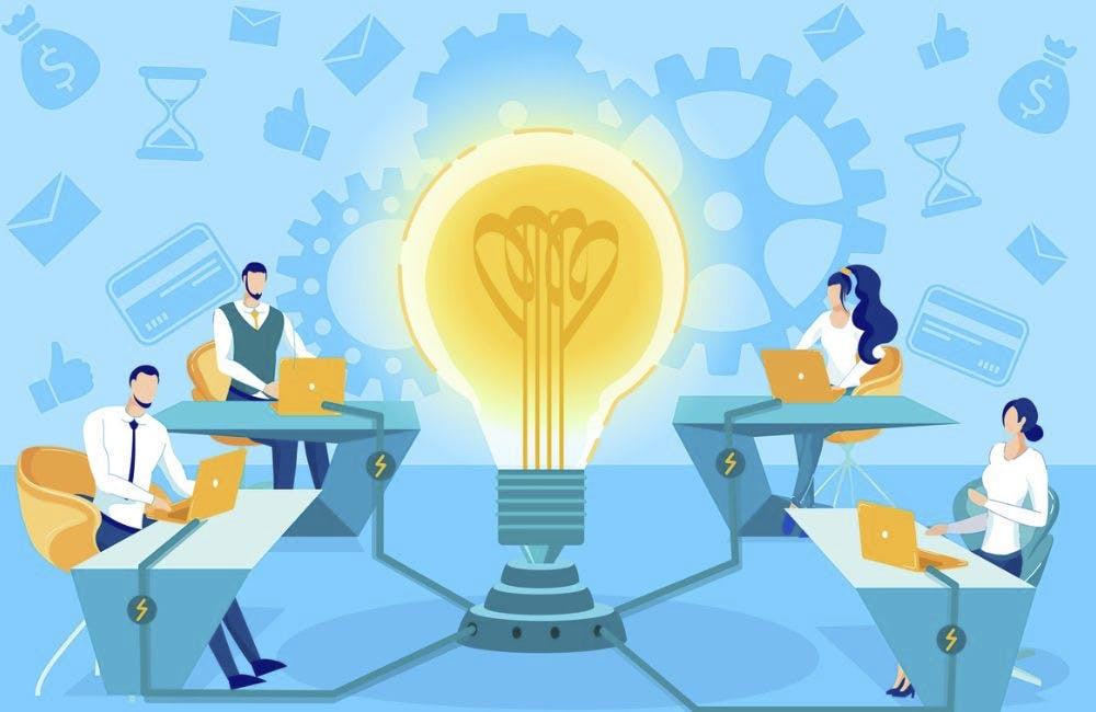 Successful Teamwork, Business Ideas Generating, Brainstorming Effective Solution, Searching Problem Decision Flat Vector Concept. Businesspeople Working on Laptop Connected to Light Bulb Illustration