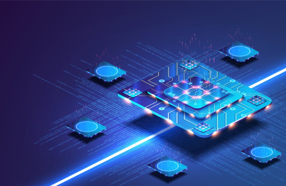 Futuristic microchip processor with lights on the blue background. Quantum computer, large data processing, database concept.