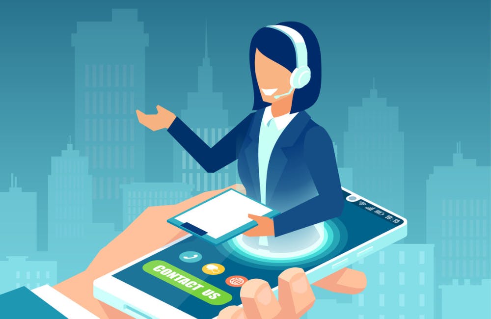 Vector of a businessman hand holding smartphone with female call center agent offering customer support
