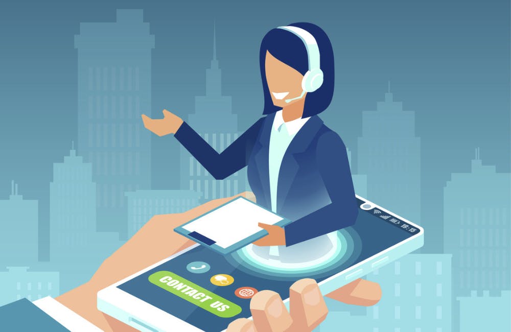 Vector of a businessman hand holding smartphone with female call center agent offering customer support