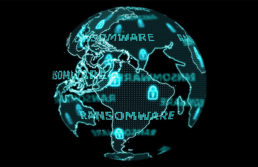 Digital global world map and technology research develpoment analysis to ransomware attack South America.
