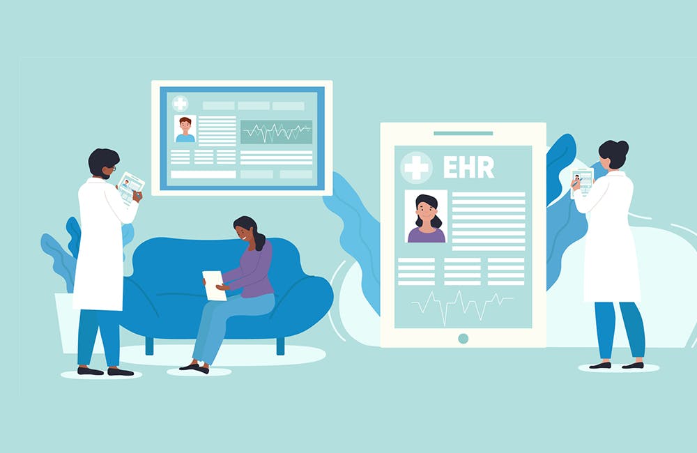 EHR or electronic health record concept. Doctor using digital smart device to read patients data online. Modern technologies in hospital. Cartoon flat vector illustration