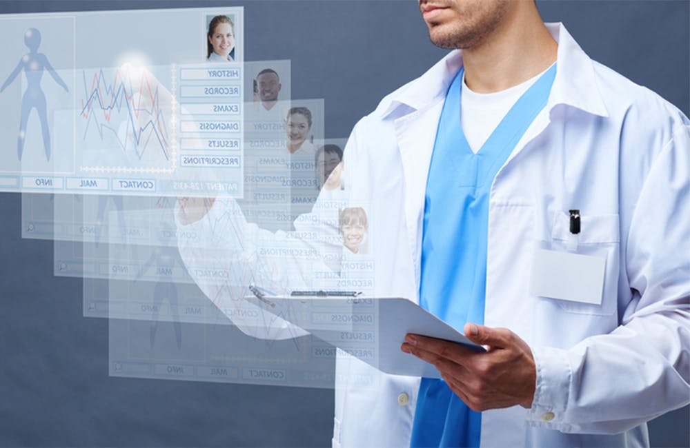 Doctor looking through superimposed medical record cards of patients