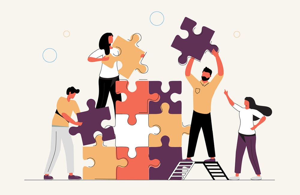 Team metaphor. people connecting puzzle elements. Vector illustration flat design style. Symbol of teamwork, cooperation, partnership, strategy, planning business concept