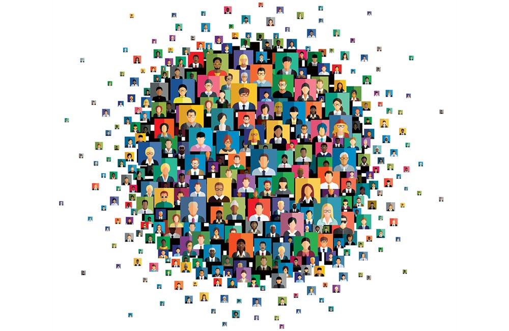 Vector illustration of social network scheme, which contains multicolored flat people icons.