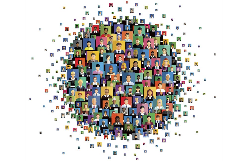 Vector illustration of social network scheme, which contains multicolored flat people icons.