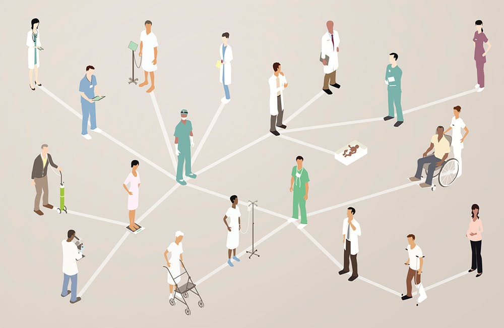 A variety of patients and healthcare workers stand within a network, illustrated in a flat vector style in isometric view. Men and women are dressed as patients, doctors, lab technicians, caretakers, surgeons, and nurses, and are connected by one large system.