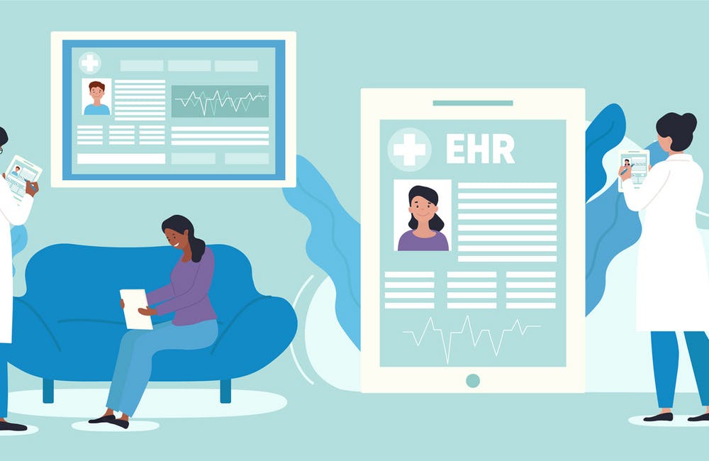 Graphic illustration describing EHR or electronic health record concept. Doctor using digital smart device to read patients data online