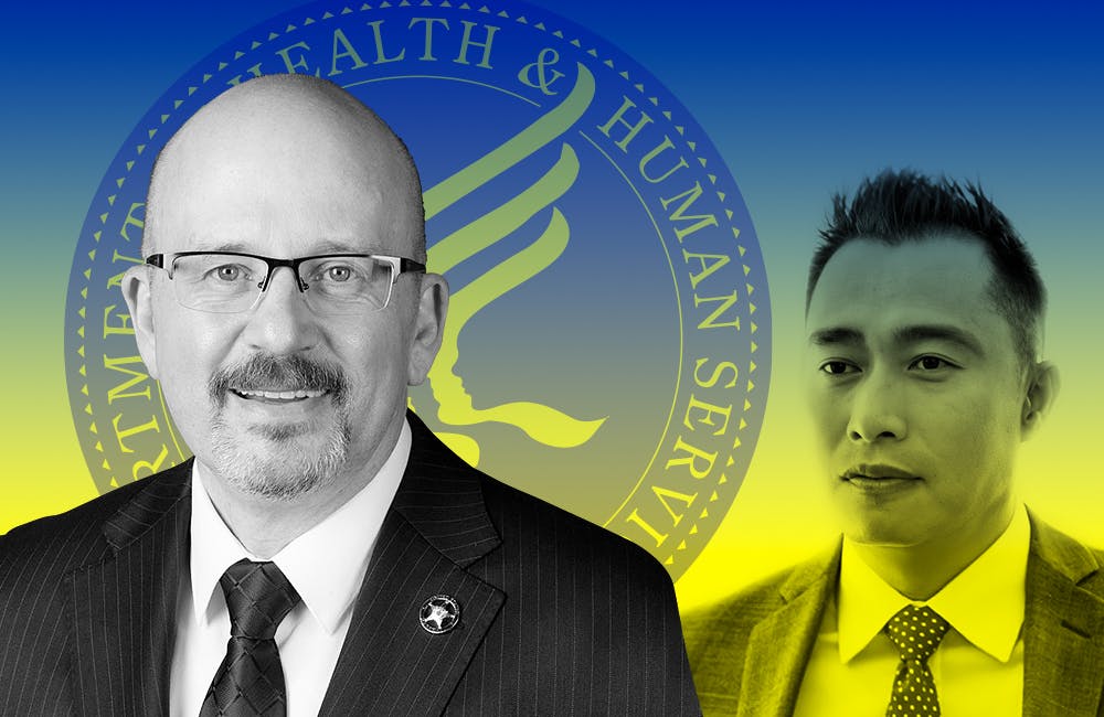 Graphic background with silhouettes of new HHS CIO Karl Mathias and former HHS CAOI Oki Mek.