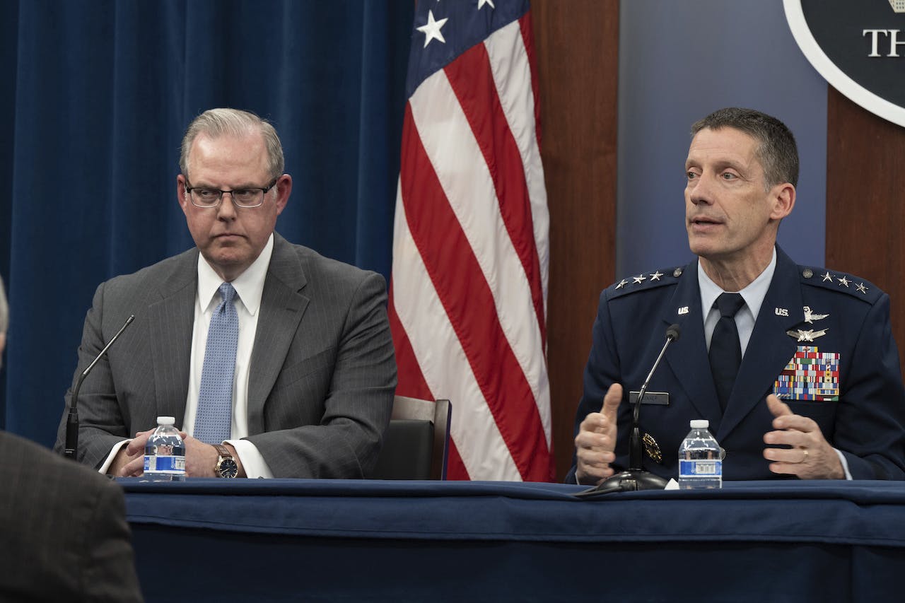 Department of Defense Chief Information Officer John Sherman and Defense Information Systems Agency Director U.S. Air Force Lt. Gen. Robert Skinner discuss the Department of Defense’s award of the Joint Warfighting Cloud Capability (JWCC) contract at the Pentagon, Washington, D.C., Dec. 8, 2022.