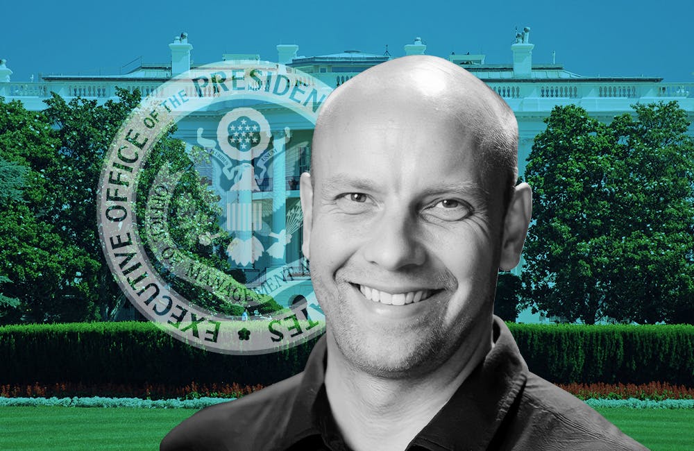 Photo composite of Drew Myklegard in front of White House