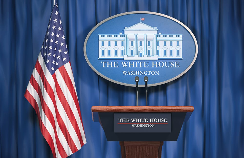 3d illustrationPolitics of White House and President of USA United states concept. Podium speaker tribune with USA flags and sign of White House