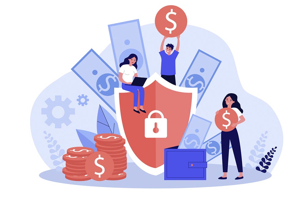 flat vector illustration of money insurance concept. People protecting their cash and savings with shield.
