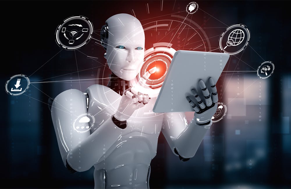 Robot humanoid using tablet computer for global network connection using AI thinking brain , artificial intelligence and machine learning process.