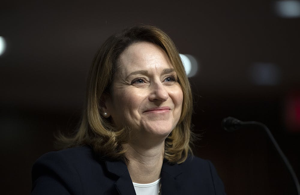 image of Deputy Secretary of Defense nominee Kathleen Hicks reacts to a statement during her Senate confirmation hearing in Washington, D.C. Feb. 2, 2021.