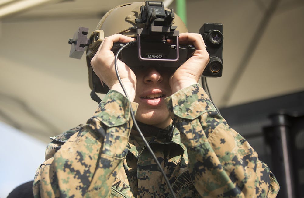 image of A U.S. Marine tests an Augmented Immersive Team Trainer system.
