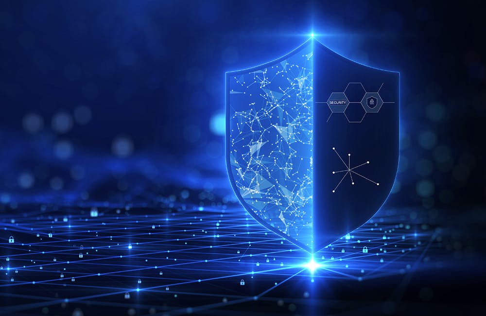 conceptual image of a shield on the right hand side. against a dark blue background with glittering lights as the background representing cybersecurity innovation