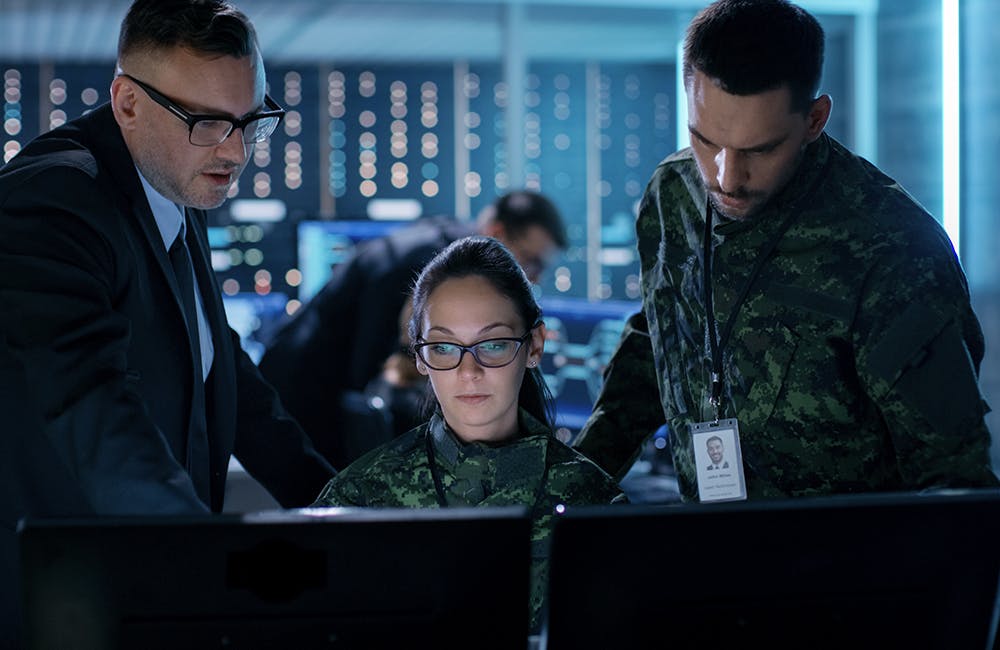 image of digital workforce concept Government Surveillance Agency and Military Joint Operation. Male Agent, Female and Male Military Officers Working at System Control Center