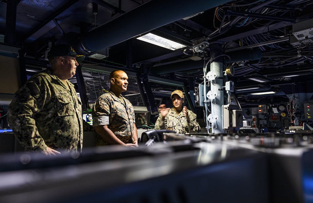 image of U.S. Navy leaders tour the guided-missile destroyer USS Frank E. Petersen, Jr. at Joint Base Pearl Harbor-Hickam, Hawaii, June 16, 2022.