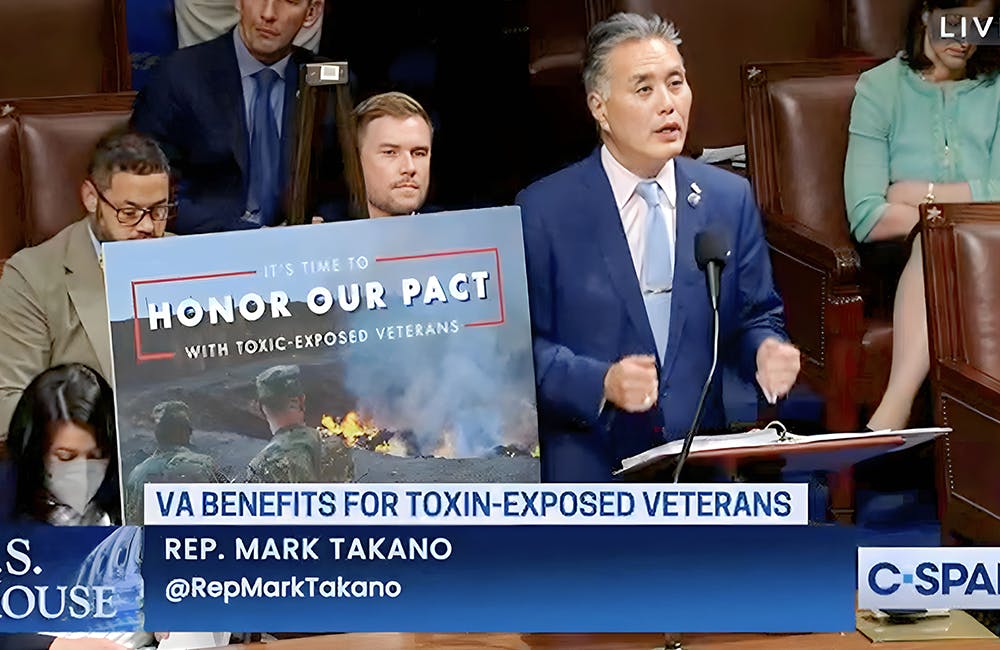 image of Chairman Mark Takano speaking at a July 2022 hearing on behalf of the PACT Act.