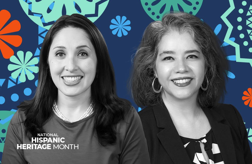 black and white image of Jess Berrellez, Executive Officer, FDA, ODT (left) and Laura Prietula, Deputy CIO, Electronic Health Record Modernization Integration Office, VA (right) against a colorful patterned background intended for hispanic heritage month