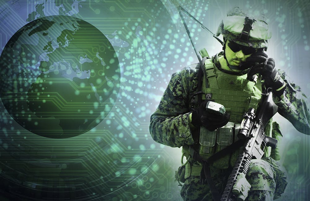 conceptual image of U.S. soldier against green cybersecurity background