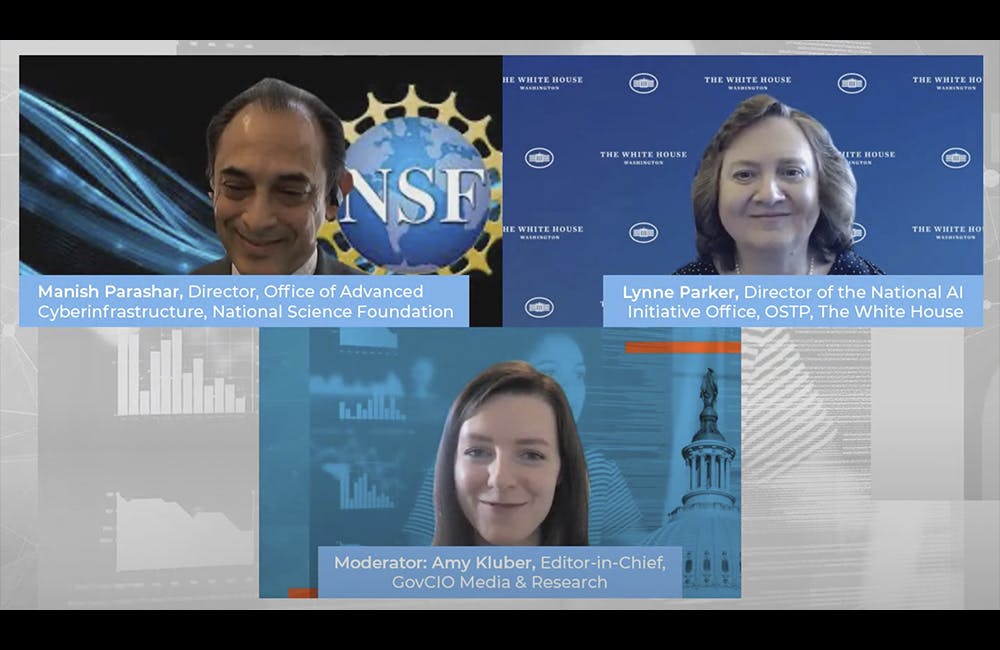 image of Manish Parashar, Director, Office of Advanced Cyberinfrastructure, National Science Foundation (top left), Lynne Parker, Director of the National AI Initiative Office, OSTP, The White House (top right) and Amy Kluber, Editor-in-Chief, GovCIO Media & Research during GovCIO Media & Research's AI Gov: Data virtual event on June 16, 2022.