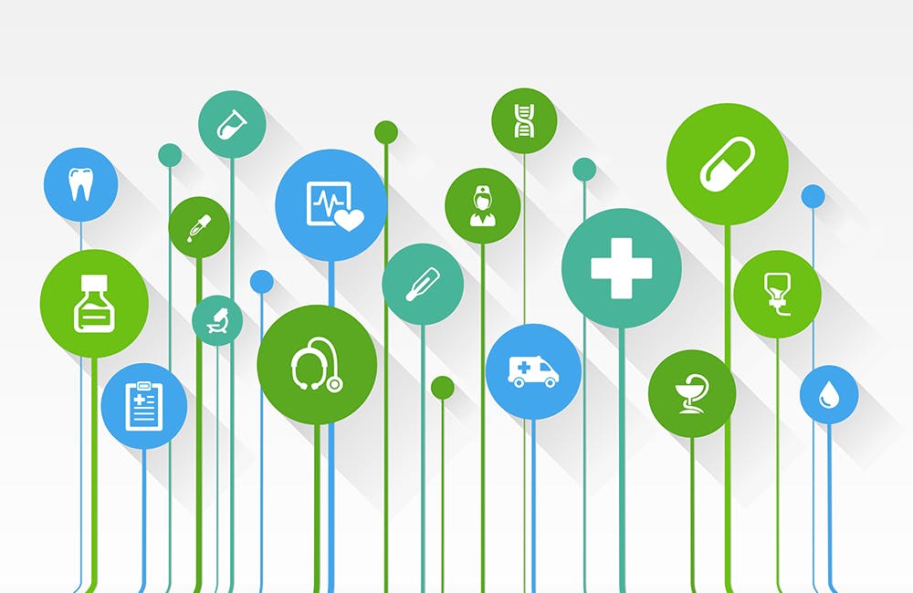 vector illustration of abstract medicine background with lines, circles and flat icons. Growth concept contains medical, health, healthcare, nurse, tooth, thermometer, pills and cross icons.