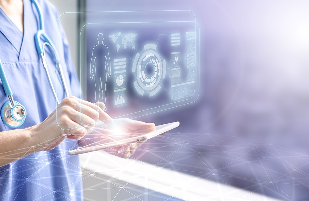 image of female doctor touching a tablet displaying the patient's data hologram, concept of electronic medical information and futuristic technology in health care