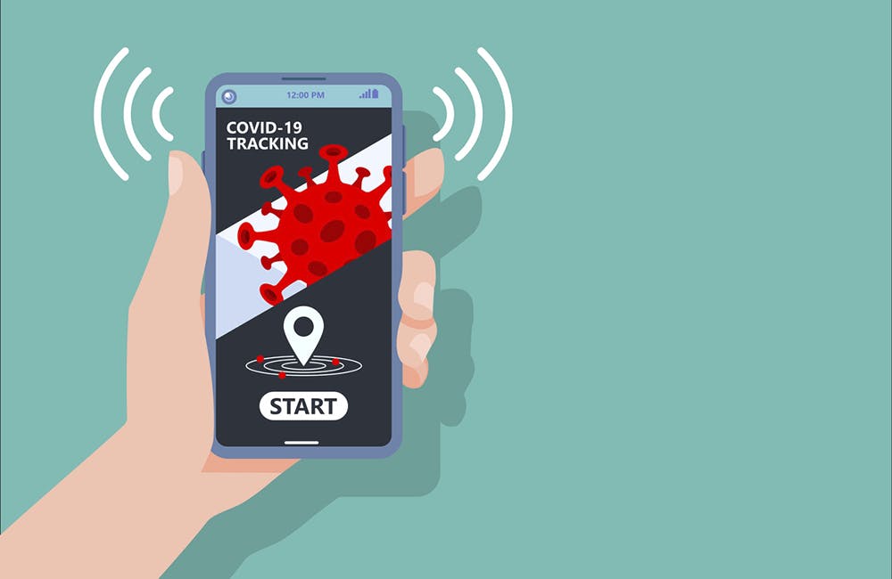 Coronavirus tracking apps concept with hand holding smartphone and application design on screen for reduce COVID-19 spreading after quarantine detecting infected people.Vector Illustration.