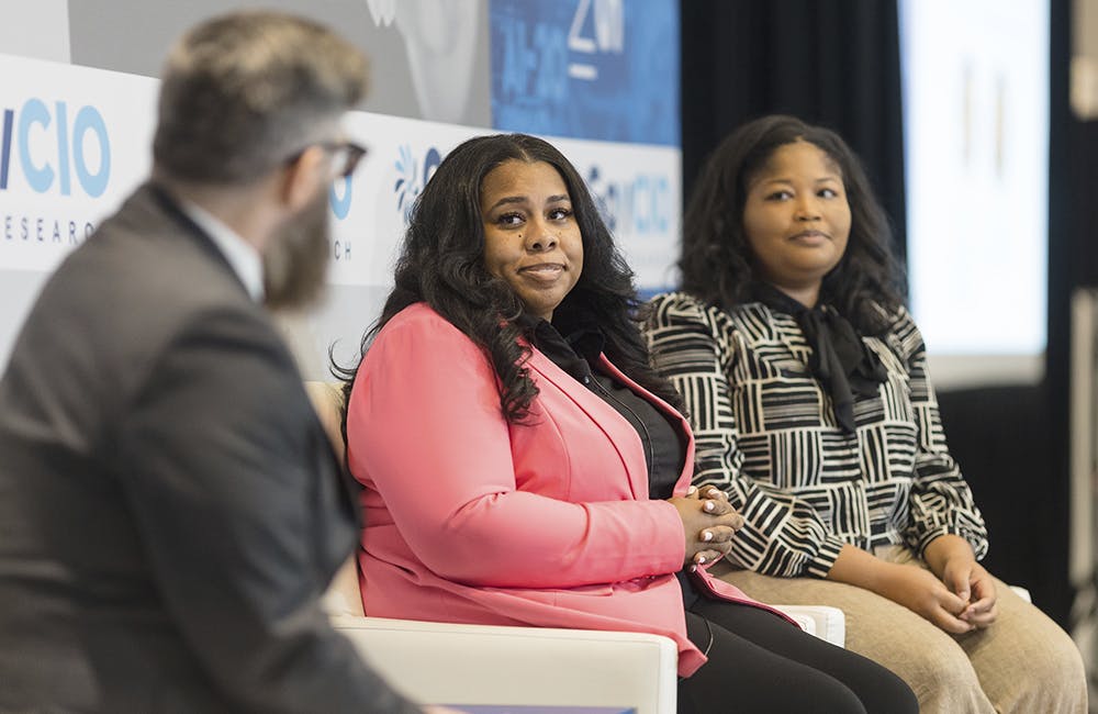 Health IT Summit 23 Cybersecurity Strategies Amid Evolving Threats in Health Care Panel with Amber Pearson, Executive Director of Information Security Policy, VA and Imani Tate, Director, Cybersecurity Compliance, MongoDB.