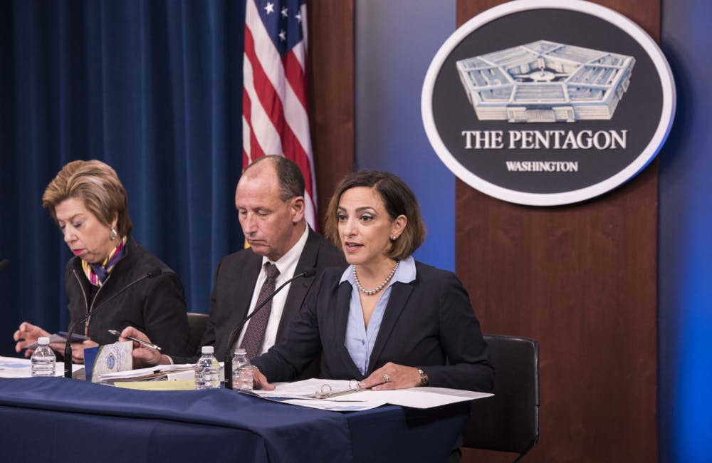 Under Secretary of Defense for Acquisition and Sustainment Ellen M. Lord, Kevin Faheny and Katie Arrington speak at a press briefing at the Pentagon in January.